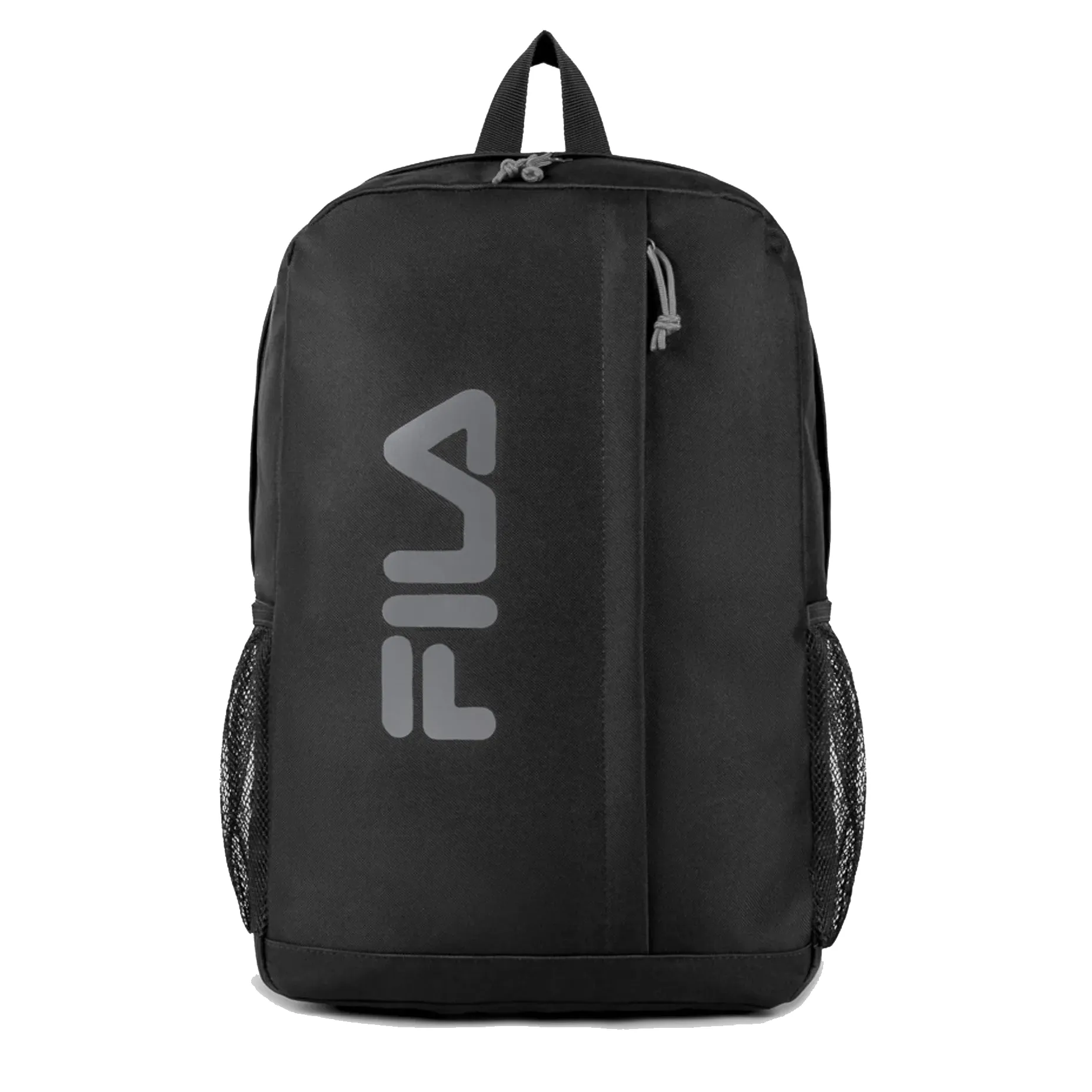 Mochila esportiva preta da FILA com logo branco, bolso frontal e compartimento principal com zíper